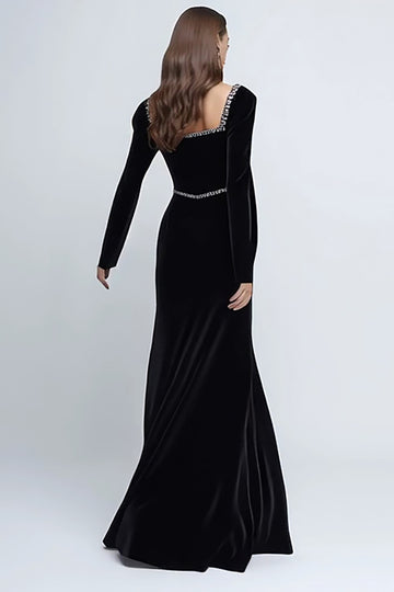 Velvet Long Sleeve Black Tie Dress with Beading